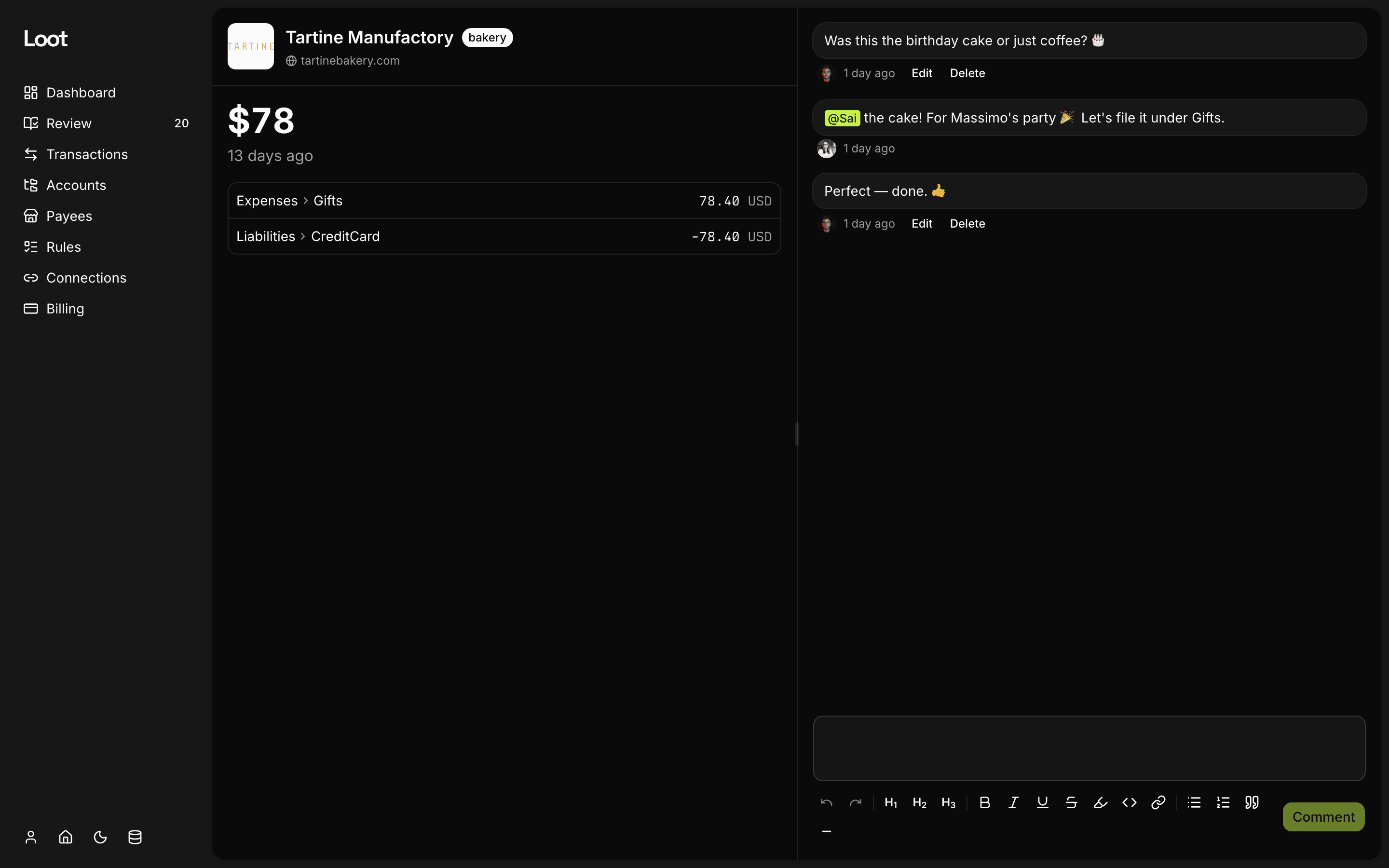 A transaction in Loot with a threaded comment conversation and an @mention between household members.