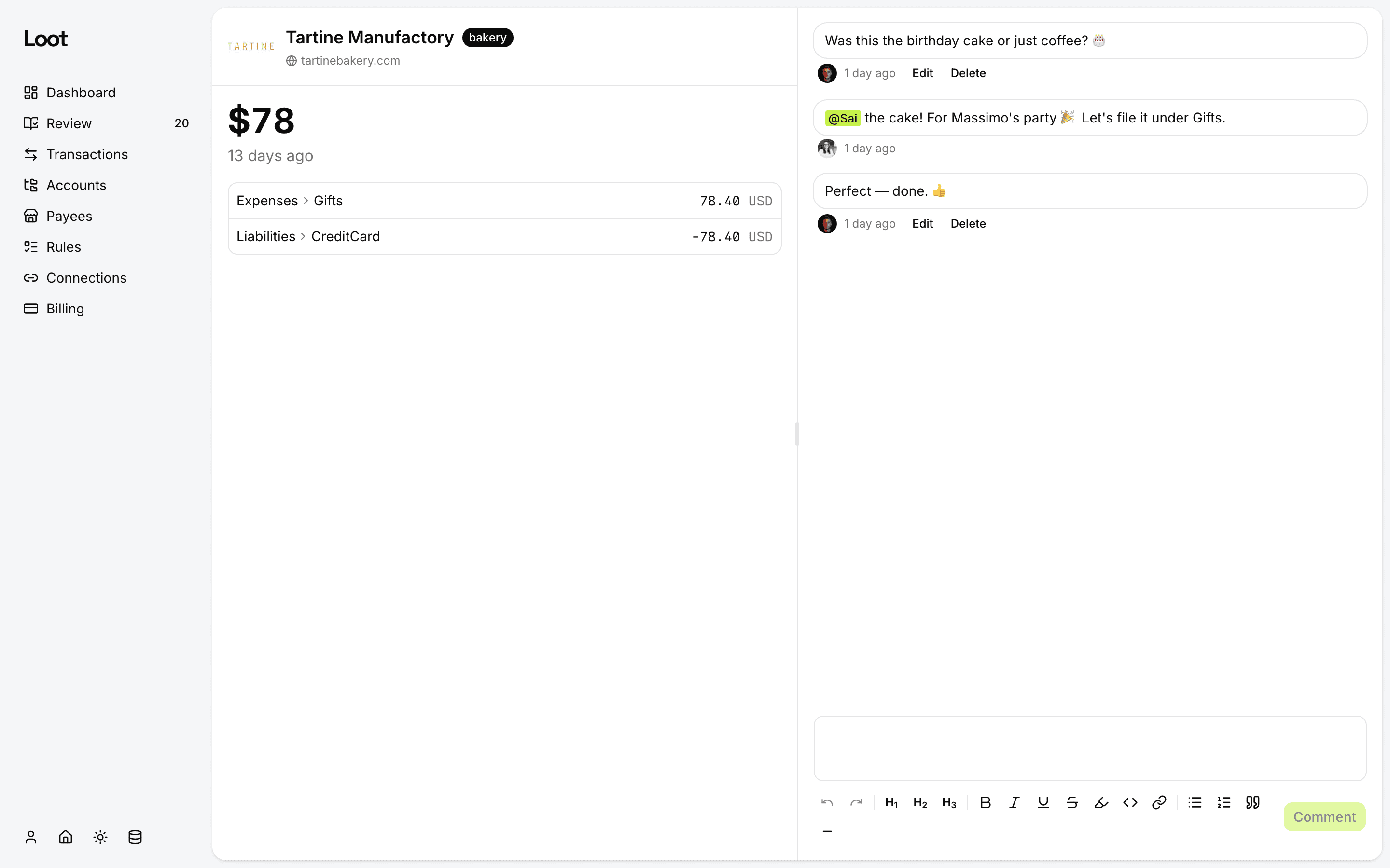 A transaction in Loot with a threaded comment conversation and an @mention between household members.