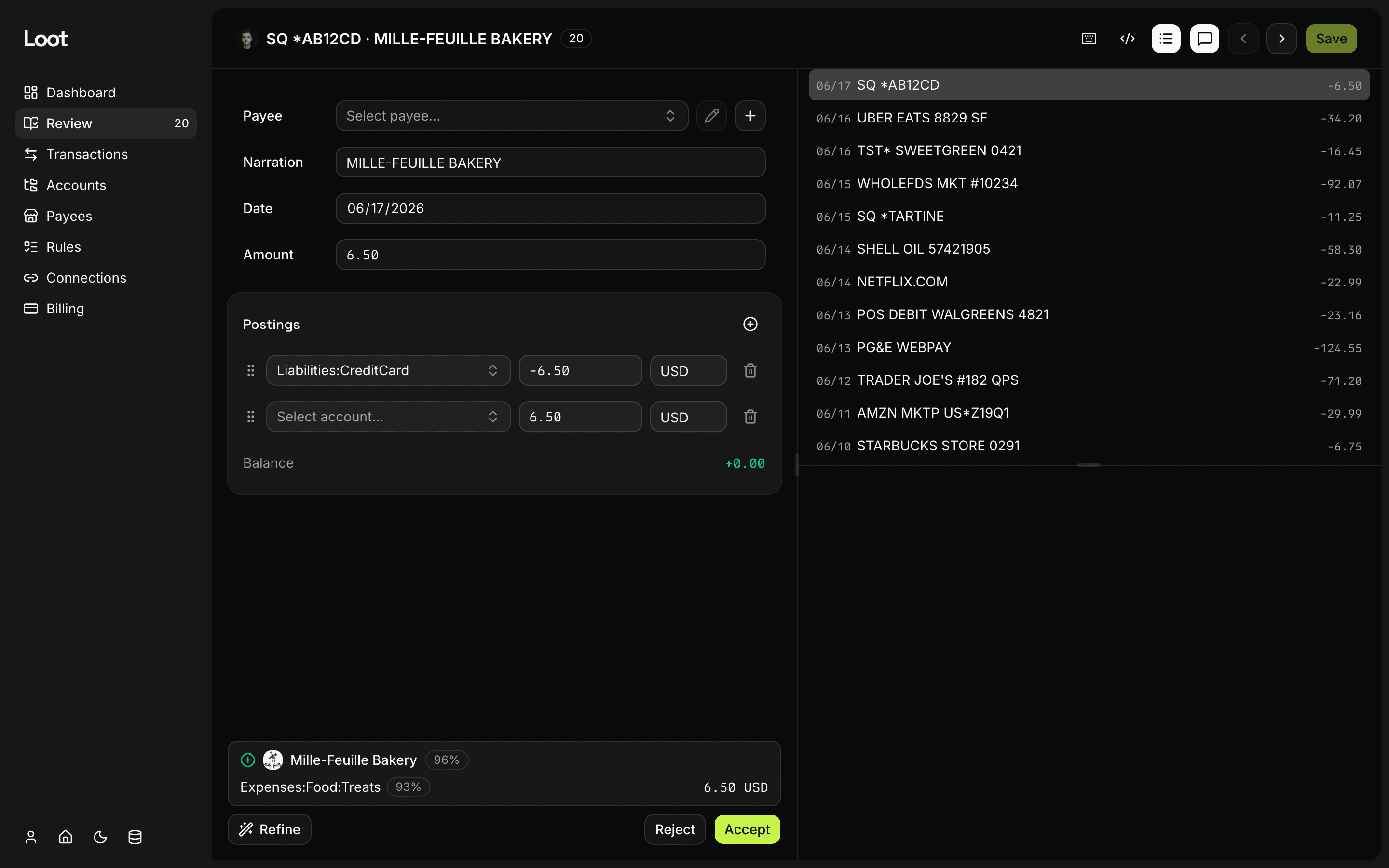 Loot's review screen: AI-suggested payee, category, and a balanced double-entry split, ready to confirm.