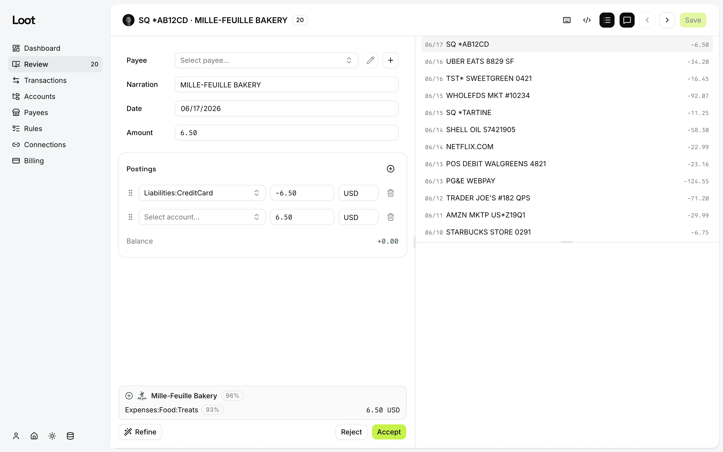 Loot's review screen: AI-suggested payee, category, and a balanced double-entry split, ready to confirm.