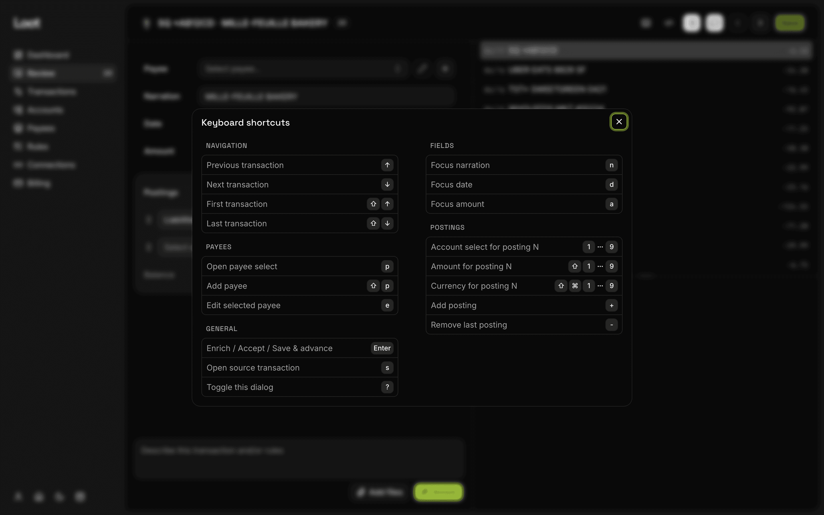 Loot's keyboard shortcuts dialog, listing navigation, field, and posting shortcuts.