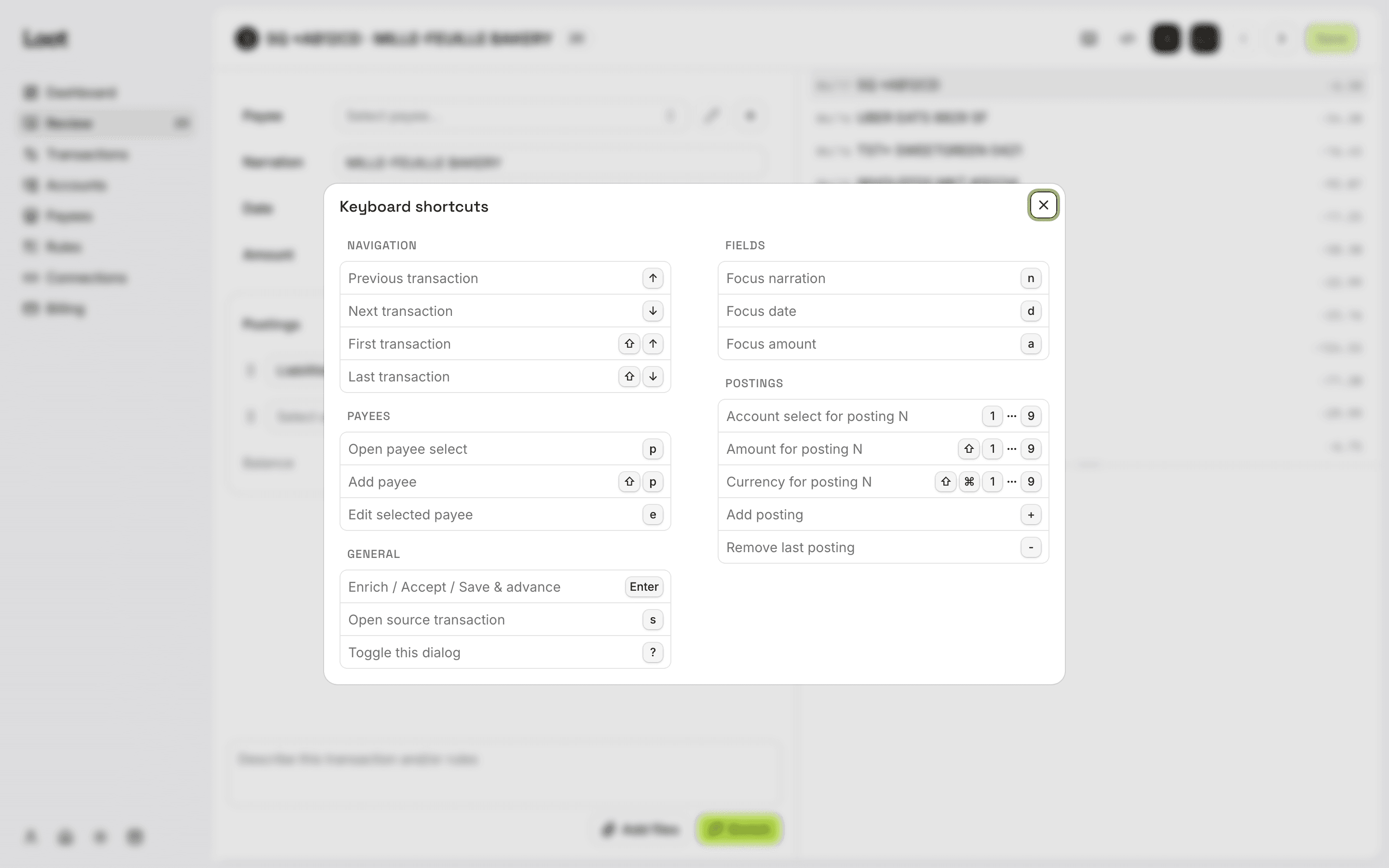 Loot's keyboard shortcuts dialog, listing navigation, field, and posting shortcuts.