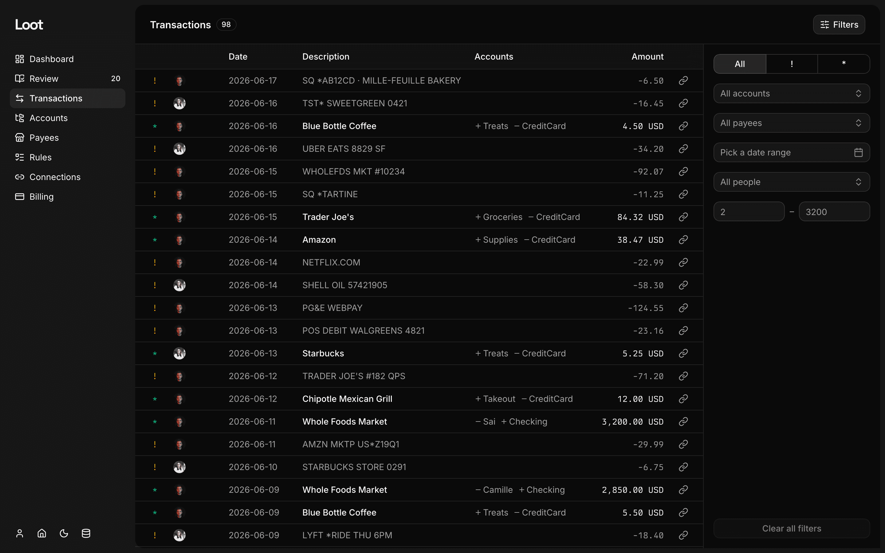 Loot's transactions table with powerful filters for account, payee, date, person, and amount.