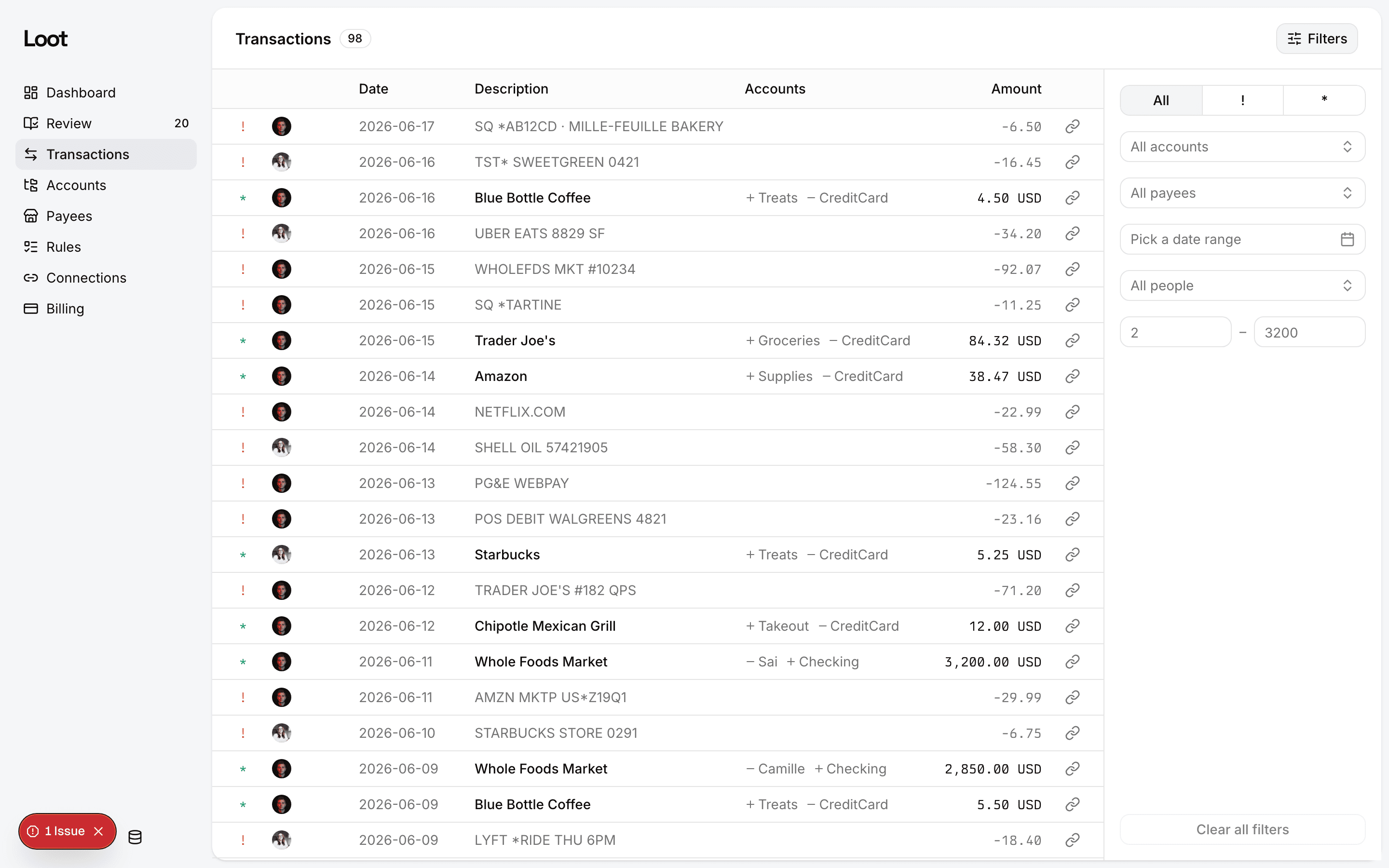 Loot's transactions table with powerful filters for account, payee, date, person, and amount.